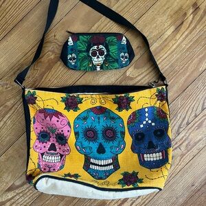 Colorful Skull Print Shoulder Bag and Pouch Set
